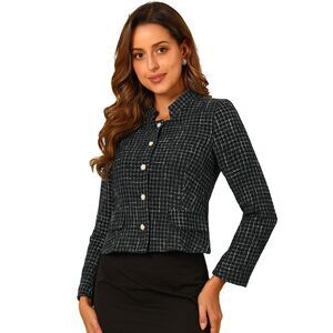 Plaid Tweed Blazer Long Sleeve Button Down Work Office Short Jacket Black